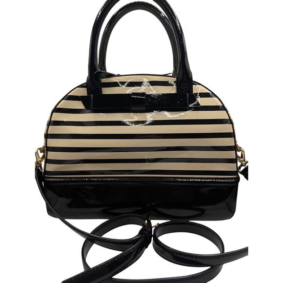 Kate Spade New York Black & Cream Striped Patent Dome Satchel Bag (Bow Accent) - Picture 5 of 7